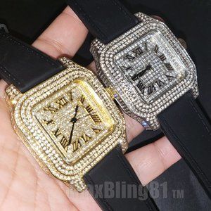 HIP HOP SIMULATED DIAMOND FULL ICED BLACK SILICONE BAND SQUARE BLING WRIST WATCH